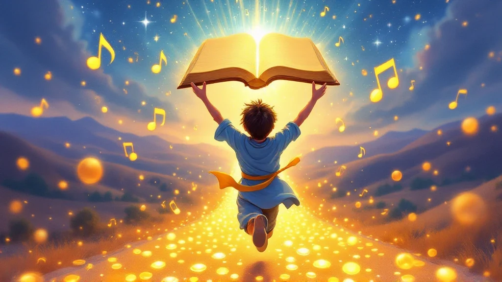 A hero on a glowing road with letter gems and music