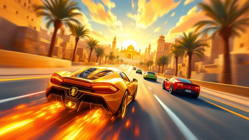 A golden race car with a lion on its trunk speeding toward a glowing ancient city
